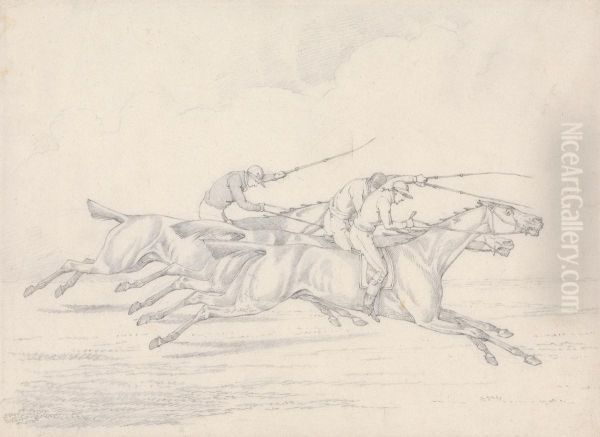 Racing, Three Horses with Jockeys Up Galloping to Right - view 1