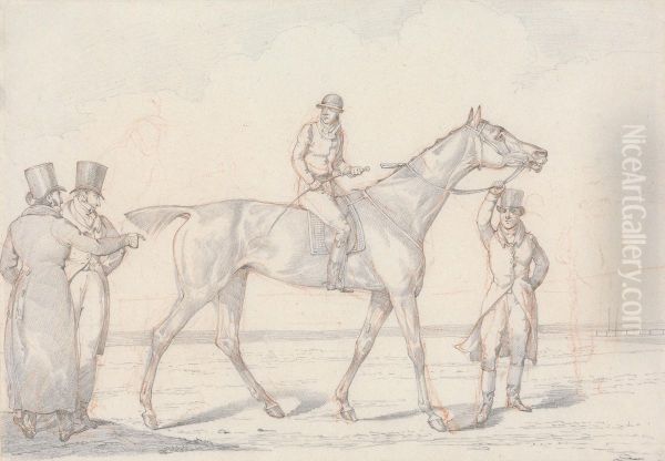 Racehorse with Jockey Up, Two Men Discussing the Horse - view 1