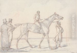 Racehorse with Jockey Up, Two Men Discussing the Horse
