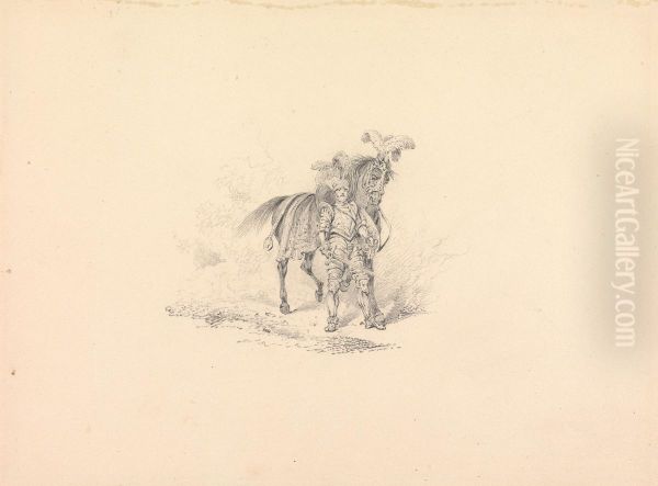 Knight in Armour Standing by a Plumed and Caparisoned Horse - view 1