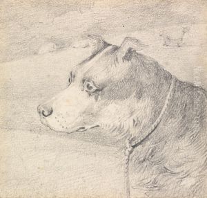 Head and Shoulders of a Collie Dog, Wearing a Leash or Tether, Sketchy Sheep in Background by Henry Thomas Alken