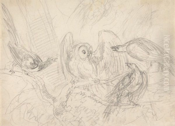 Three Pheasants Surrounding an Owl - view 1