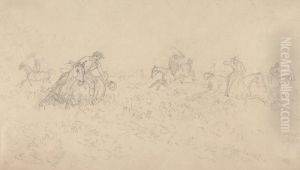 Hunt Followers and Hounds Moving to Right Through Undergrowth