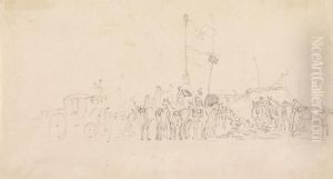 A Gathering of Horsemen, With Coach, Tents, Flags, etc. (?a horse fair) by Sawrey Gilpin