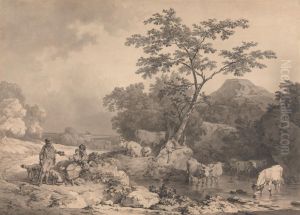 Figures by a stream with cattle watering Figures by a stream with cattle watering