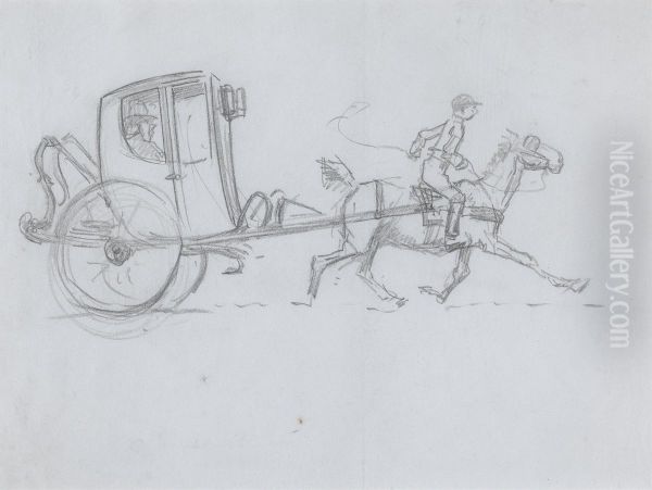 A Man in an enclosed Carriage being pulled by a Horse with a Rider - view 1