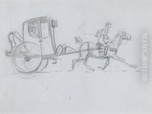A Man in an enclosed Carriage being pulled by a Horse with a Rider