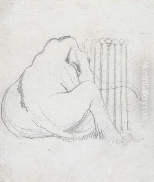 A Baby Elephant sitting by a fence - view 1