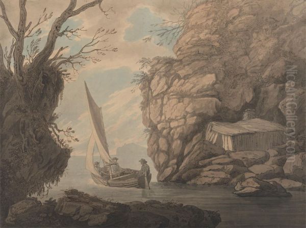 A Sailing Dinghy with Three Men Leaving a Rocky Inlet - view 1