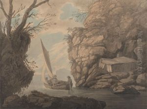 A Sailing Dinghy with Three Men Leaving a Rocky Inlet by Joseph Farington