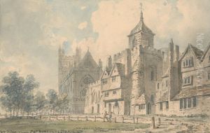 Exeter Cathedral and neighboring buildings by Edward Dayes