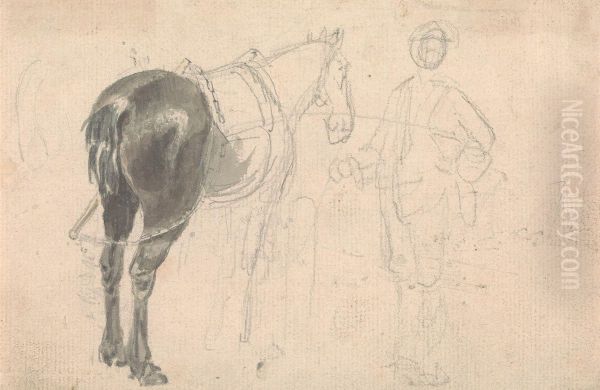 Farm horse being held by a stable lad - view 1