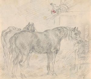 Horses in a barn with chickens and a rooster... by Sawrey Gilpin