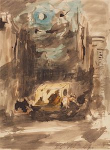A Street at Night with Figures at a Stall by James Holland