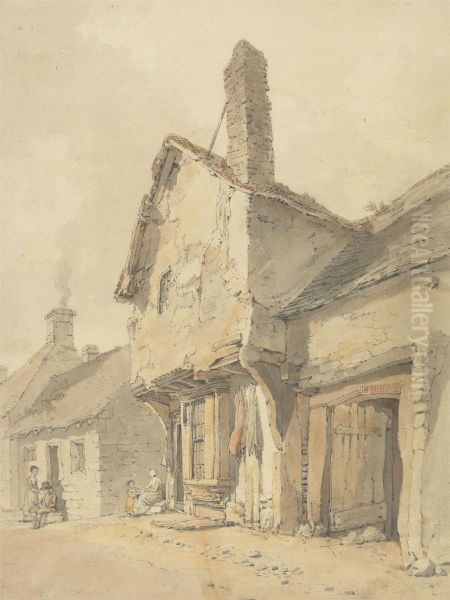 A Village Street, Figures by Old Cottages - view 1
