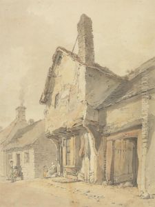 A Village Street, Figures by Old Cottages A Village Street, Figures by Old Cottages