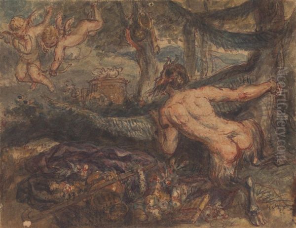 Pan, Spying, From Behind a Tree, at Putti, Shooting Arrows - view 1