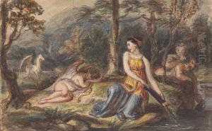 Diana, Goddess of the Hunt, with Satyrs, sleeping Cupid and a Pegasus in a Wooded Landscape by Robert Smirke