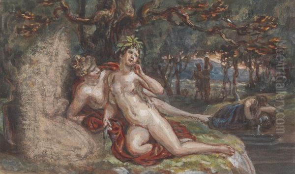 Wooded Scene with a Couple Laying under a Tree, by a Stream - view 1