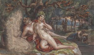Wooded Scene with a Couple Laying under a Tree, by a Stream