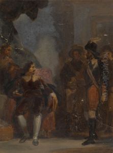 Man Seated while Speaking to a Soldier Who is Standing