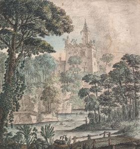 Landscape View of a Ruined Castle with River, Wooden Bridge and a Figure, Fishing by Henry Swinburne