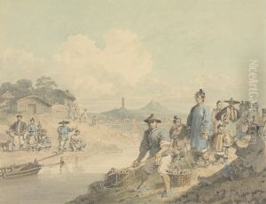 Figures with Pagoda and Mountain