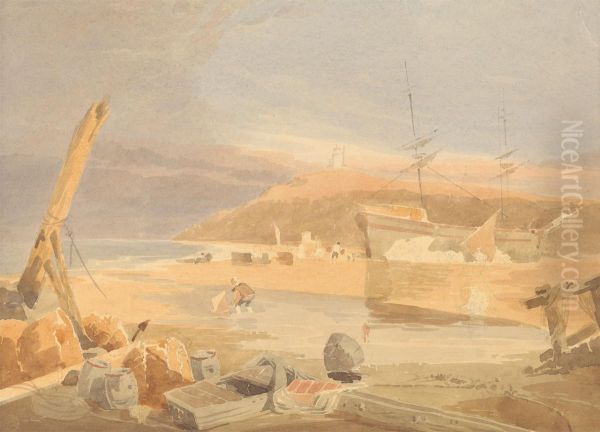 Shore Scene with Sailing Ship at Quay - view 1