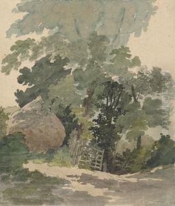A Country Lane with Haystack and Gate