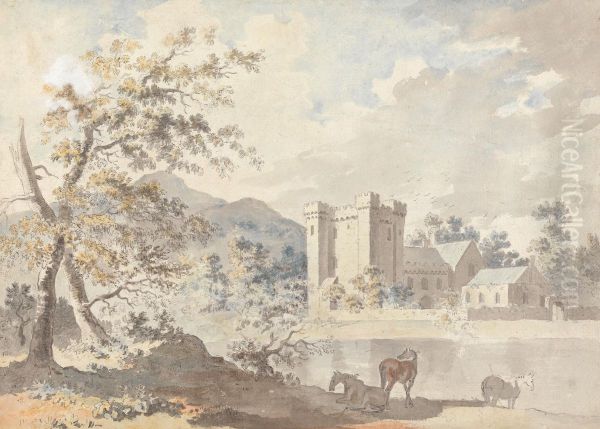 Castle below mountains with horses by a river - view 1
