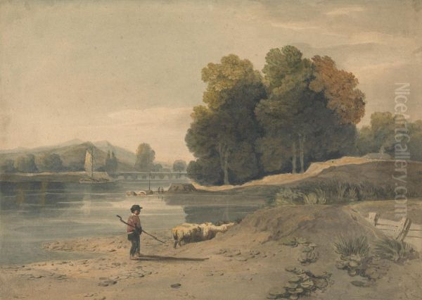 River Scene with Boy and Sheep - view 1