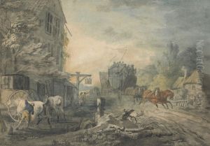 A Stagecoach and Four Dashing Through a Village on the Bath-London Road by George Robertson
