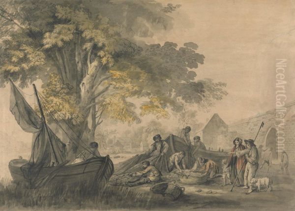 Boats, Fishermen and Peasents near a Weir - view 1