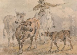 Man on a horse hearding two cows and a calf by Sawrey Gilpin