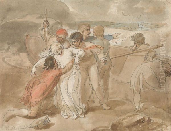 A Woman Rescued from the Sea and Assisted Ashore, Rowing Boat and Rescuers in Background - view 1