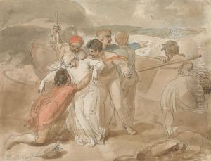 A Woman Rescued from the Sea and Assisted Ashore, Rowing Boat and Rescuers in Background by Thomas Stothard