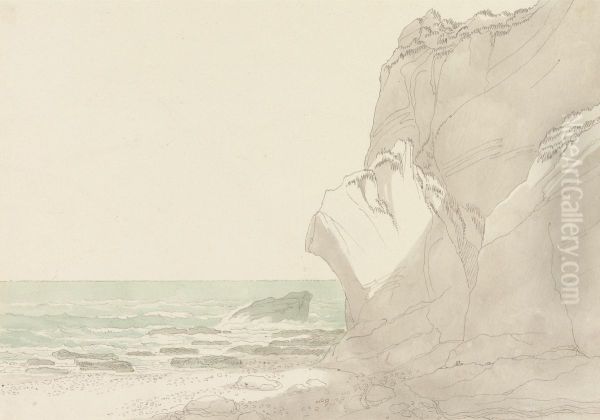 Steep Cliffs Rising at Right, Sea and Rocky Shore at Left - view 1