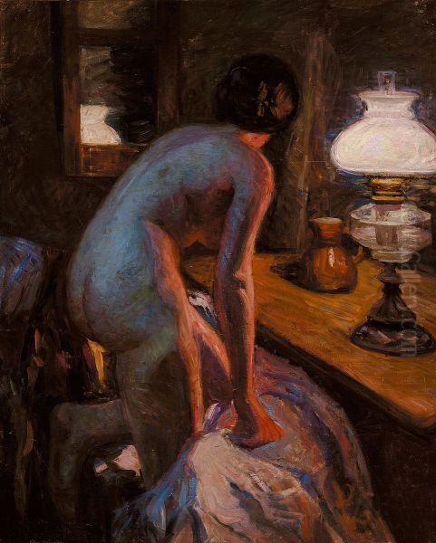 A model turning away in the lamplight. - view 1