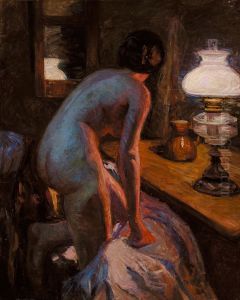 A model turning away in the lamplight.