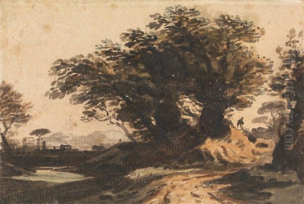Landscape with a Clump of Trees near a Road and a Stream - view 1