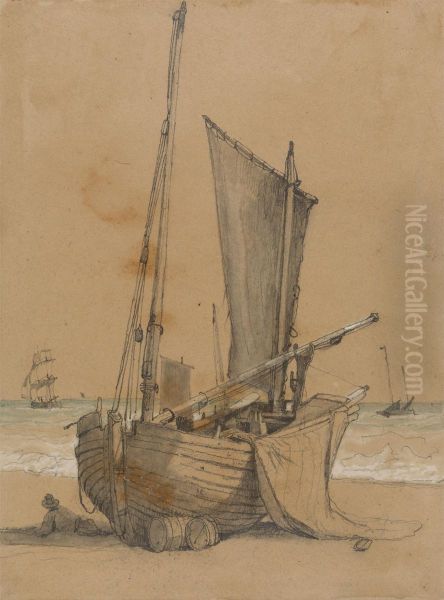 Fishing Boat on the Beach with a Brig at Sea - view 1