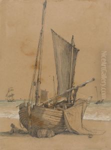 Fishing Boat on the Beach with a Brig at Sea by Samuel Prout