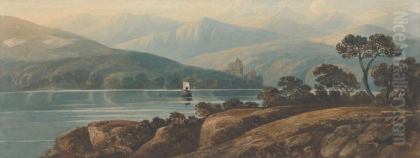 Landscape in Wales with Castle, Lake, and Rocky Foreground - view 1