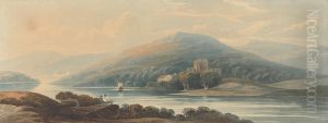 Landscape in Wales with Mountains, Lake, Castle and Two Figures in the Foreground by John Varley
