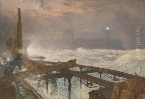Tynemouth Pier - Lighting the Lamps at Sundown by Alfred William Hunt