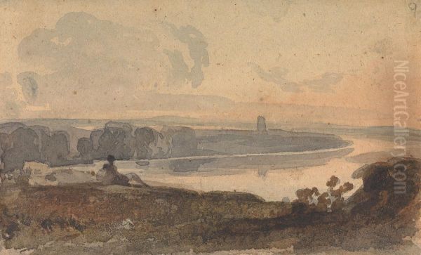 Landscape, with Winding River, Figure on Hill in Foreground - view 1