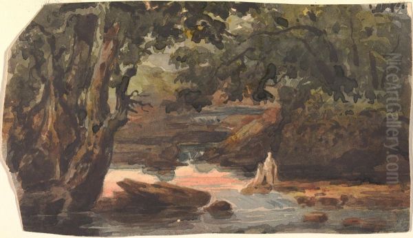 Two Figures in Stream, Bordered by Large Trees - view 1
