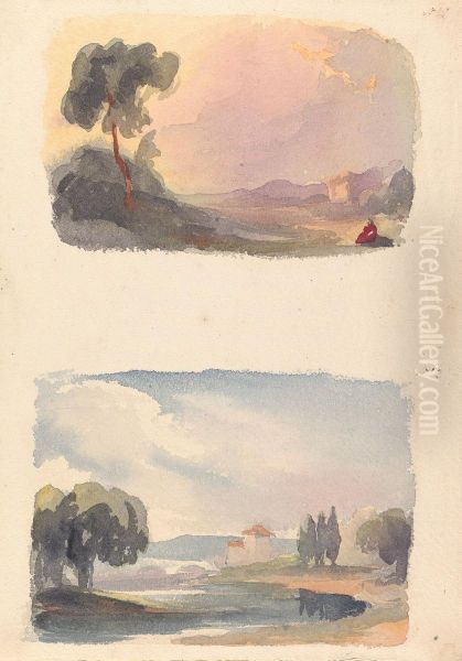 Landscape with Mountains in Distance and Seated Figures in Foreground (no. 1); Landscape with River and Building, Mountains in Distance (no. 2) - view 1