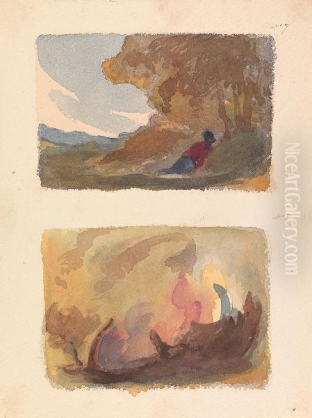 Landscape with Figure Reclining Against Hill - Titian and Venetian School (no. 7); Landscape - Variety of Watercolor Washes (no. 8) - view 1