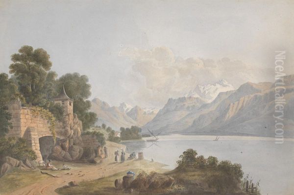 Mountainous Landscape with Lake, Gate and Figures - view 1